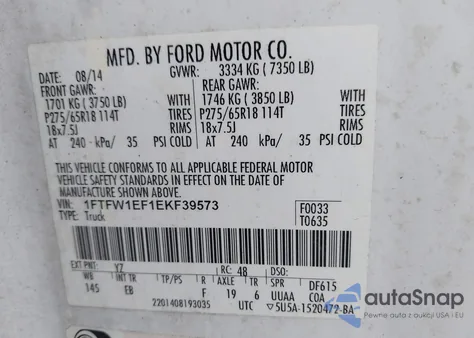 2014 Ford F-150 Lariat z USA, uszkodzony, nr VIN 1FTFW1EF1EKF39573